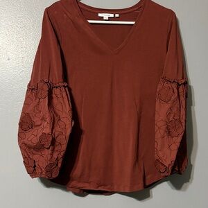 Chico's Rust V-Neck Blouse with Embroidered Sleeves